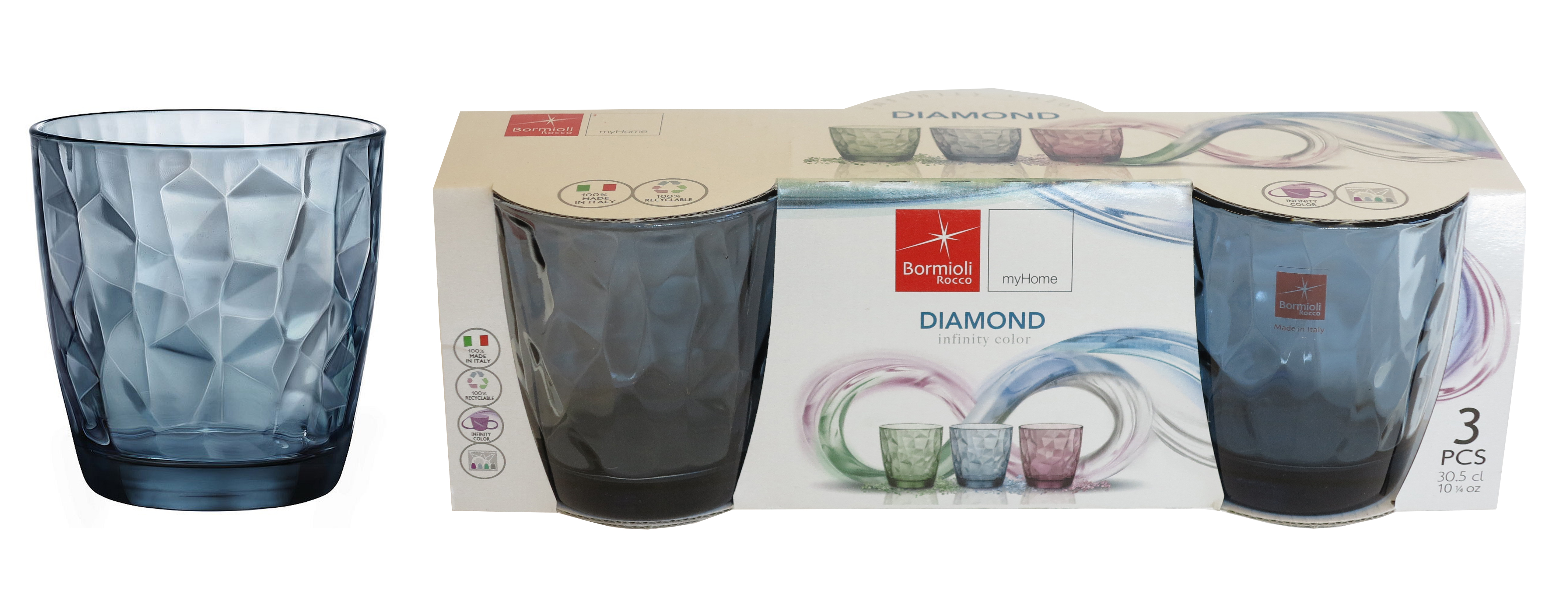 Joogiklaas Diamond sinine 30cl, 3tk